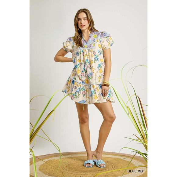 Umgee Floral Print Tie Neckline Puff Sleeves Tiered Babydoll Mini Dress | Blue - Picture 5 of 6